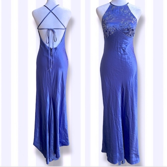 ZUM ZUM By Niki Livas VINTAGE 90s Y2K Satin Sequin Slip Mermaid Dress Blue 5 / 6 - Picture 1 of 12
